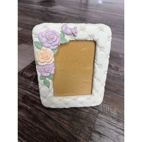 Other - Vintage Tufted Rose Picture Frame Cream Quilted Resin Floral wedding 3d 4.5x6